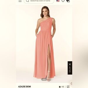 Azazie Demi One Shoulder formal gown with pockets! Peach/salmon color